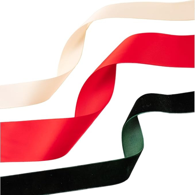 Christmas Gift Wrapping Ribbon Set, 3 Rolls, 60 Yards Total, Red Satin, Dark Green Velvet and Cre... | Amazon (US)