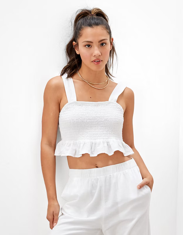 AE Tie-Back Smocked Cropped Cami | American Eagle Outfitters (US & CA)