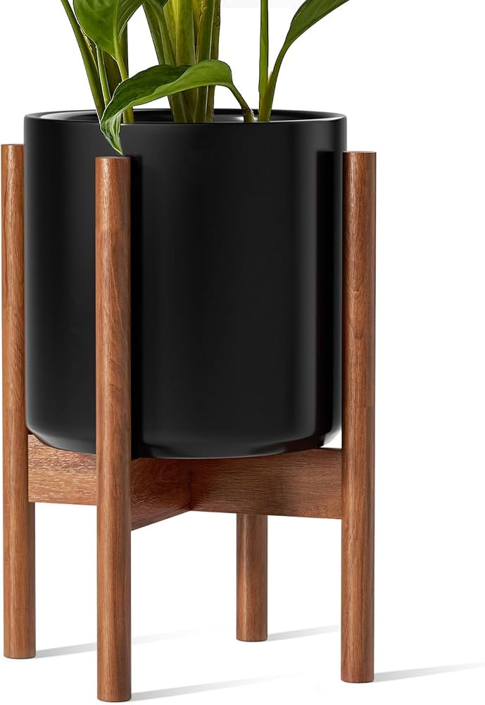 LE TAUCI 12 Inch Planter with Acacia Wood Stand, Large Ceramic Indoor Plant Pot with Drainage Hol... | Amazon (US)
