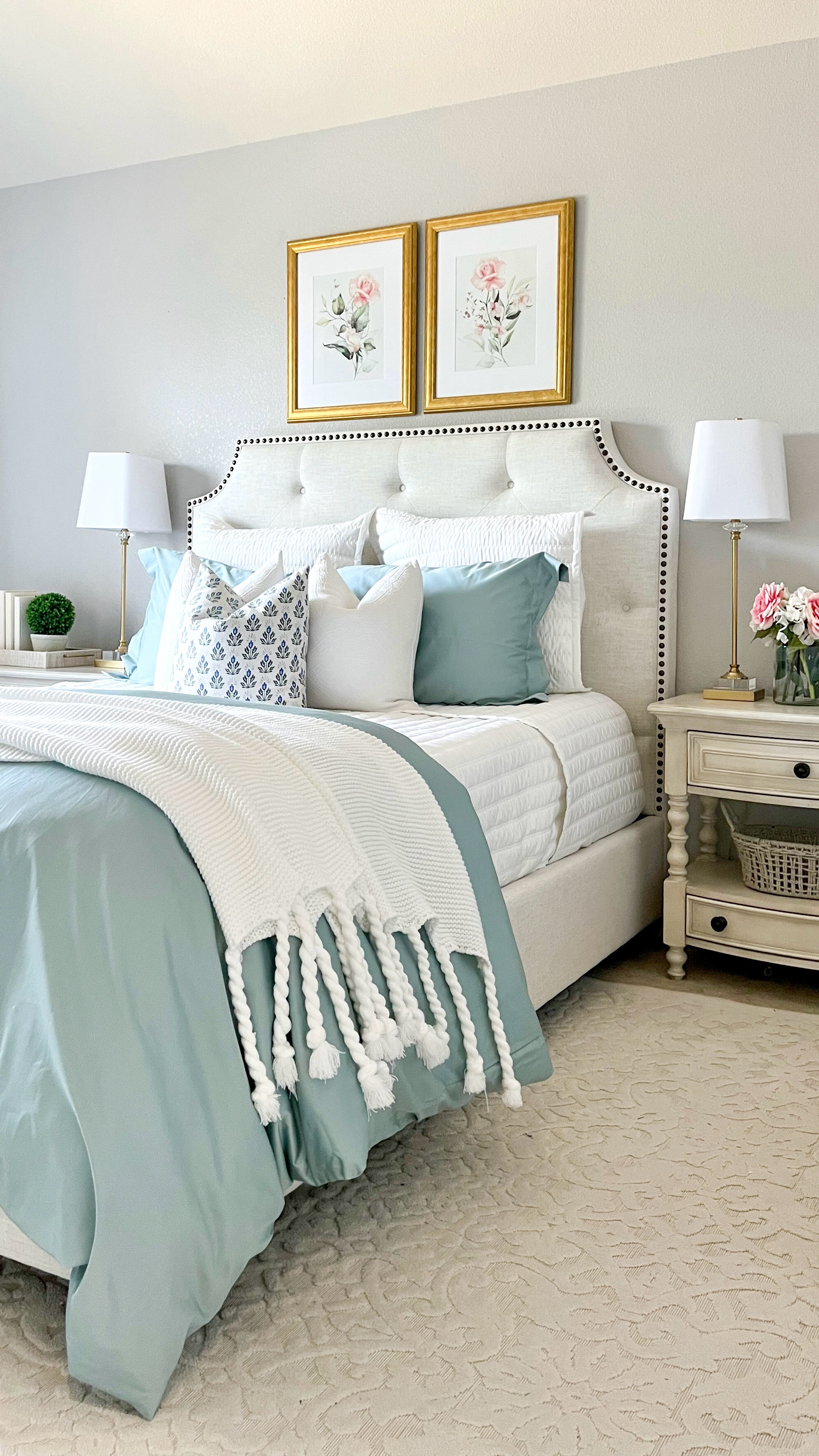 The guest room is ready for friends and family to come visit! I wanted an elegant and inviting look so I chose soft aqua blues and fresh whites for the bedding. Then I paired those colors with touches of pink flowers and gold accents - all for creating a cozy space!



Home Interior
Southern Home
Seasonal Decor 
Cozy Guest Room
Traditional decor 
Guest Bedroom Ideas
Coastal Design 
French Inspited
Transitional design 


#LTKHome #LTKFamily #LTKStyleTip