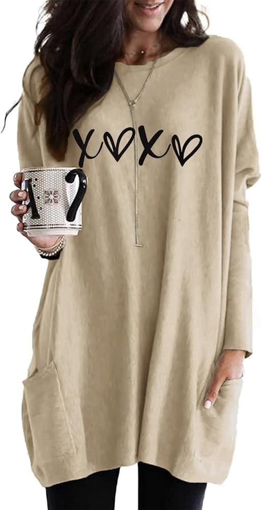 Valentine's Day Tunic Dress for Women XOXO Print Casual Long Sleeve Lightweight Sweatshirt Short ... | Amazon (US)