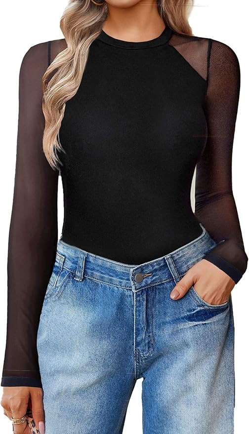 Avidlove Women Long Sleeve Bodysuit Crew Neck Body Suits Mesh One Piece Leotards Shirt Going Out ... | Amazon (US)