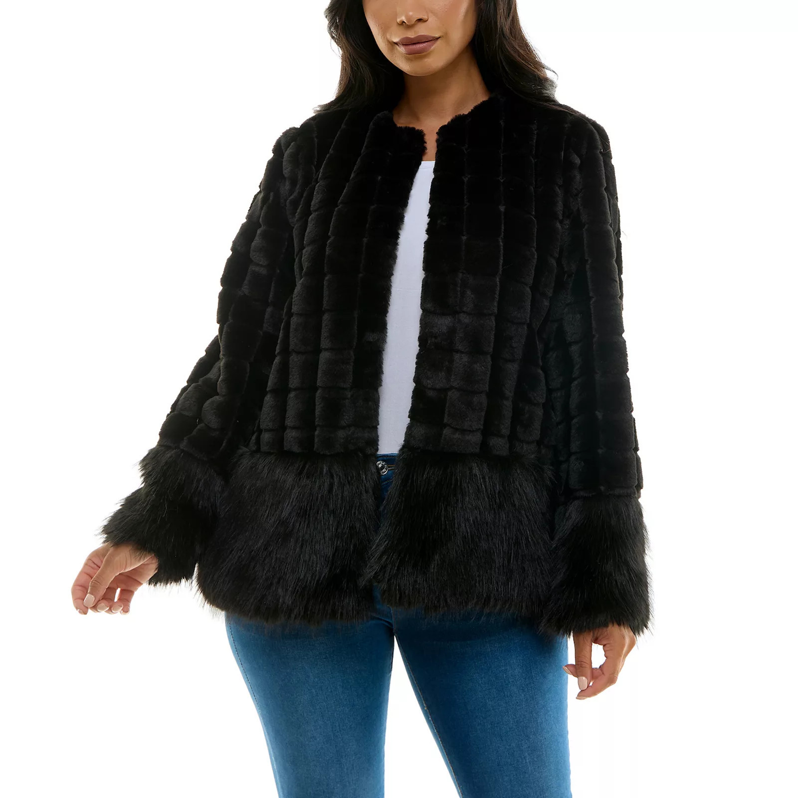 Women's Nina Leonard Mixed Stripe Faux Fur Bolero, Size: Medium, Black | Kohl's