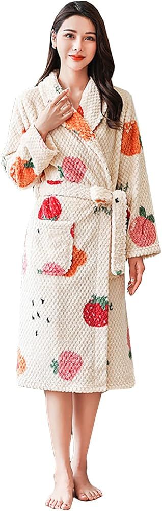 Women's Plush Flange Robes Fruit Print Soft Warm Bathrobe for Women Comfy Long Spa Robe with Belt... | Amazon (US)