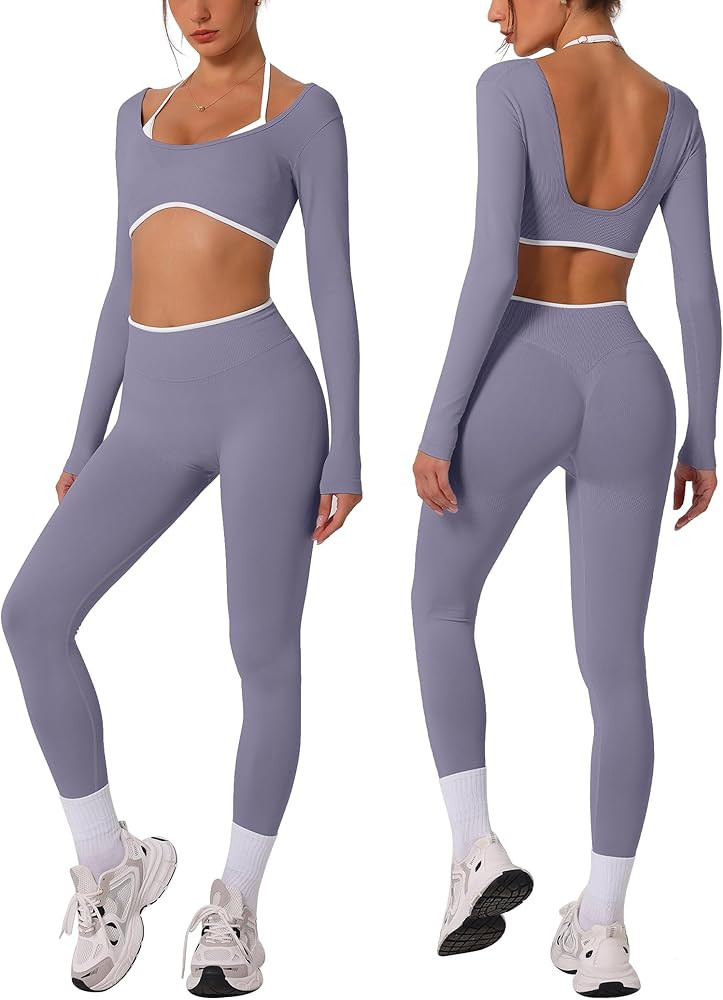 ABOCIW Workout Sets for Women Long Sleeve Crop Top Scrunch Butt Lifting High Waist Leggings 2 Pie... | Amazon (US)