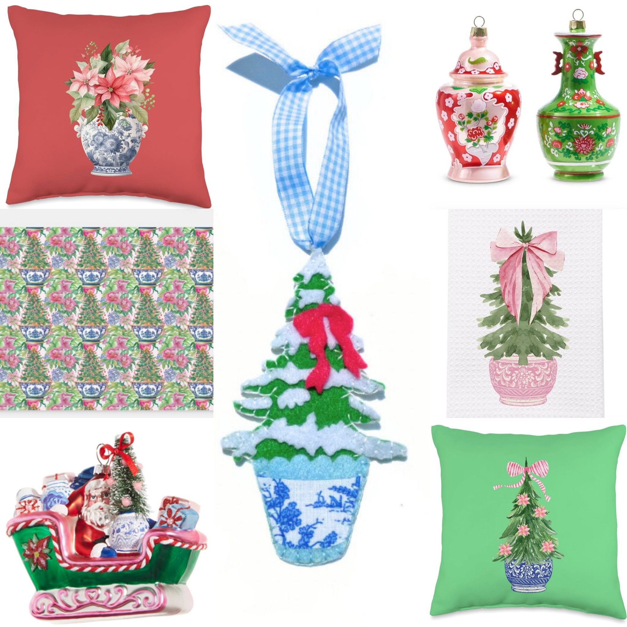Pink and green chinoiserie Christmas ideas. Ornaments, pillows, wrapping paper and tea towel. 

#LTKSeasonal #LTKStyleTip #LTKHoliday