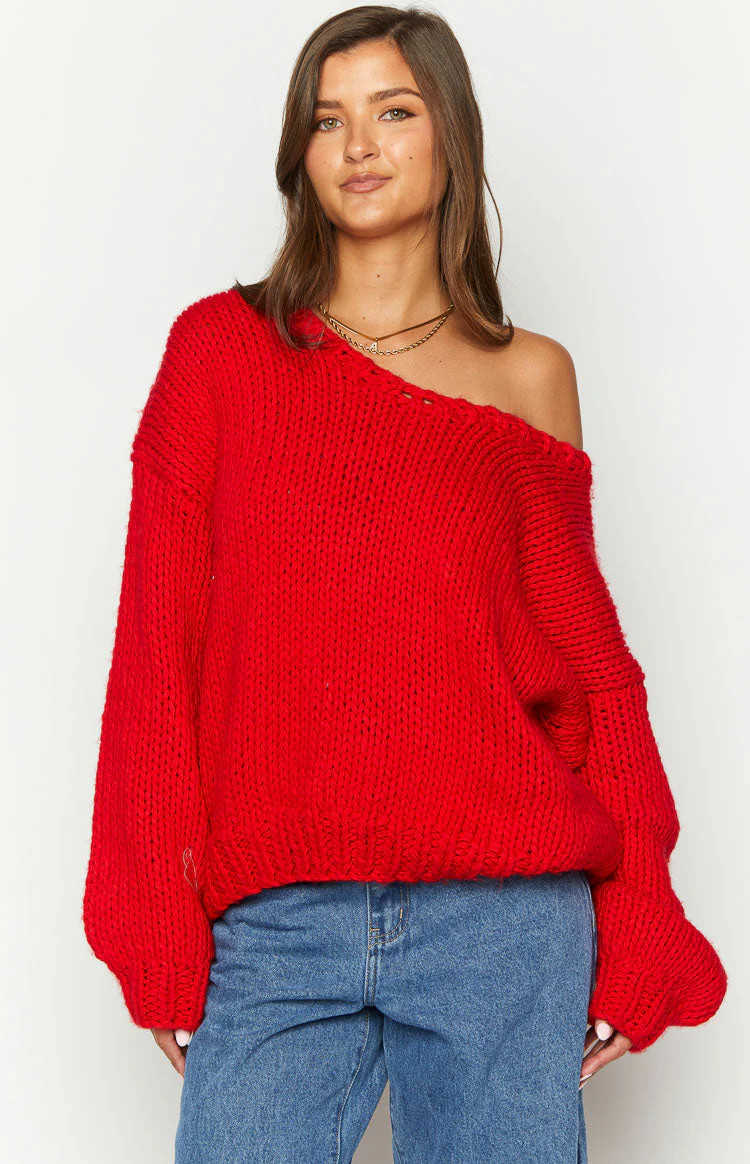 Delvey Red Chunky Knit Sweater | Beginning Boutique (US)