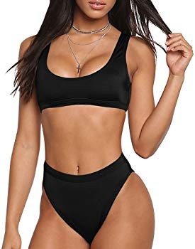 Two Pieces Bikini Sets Swimsuit Sports Style Low Scoop Crop Top High Waisted High Cut Cheeky Bottom | Amazon (US)