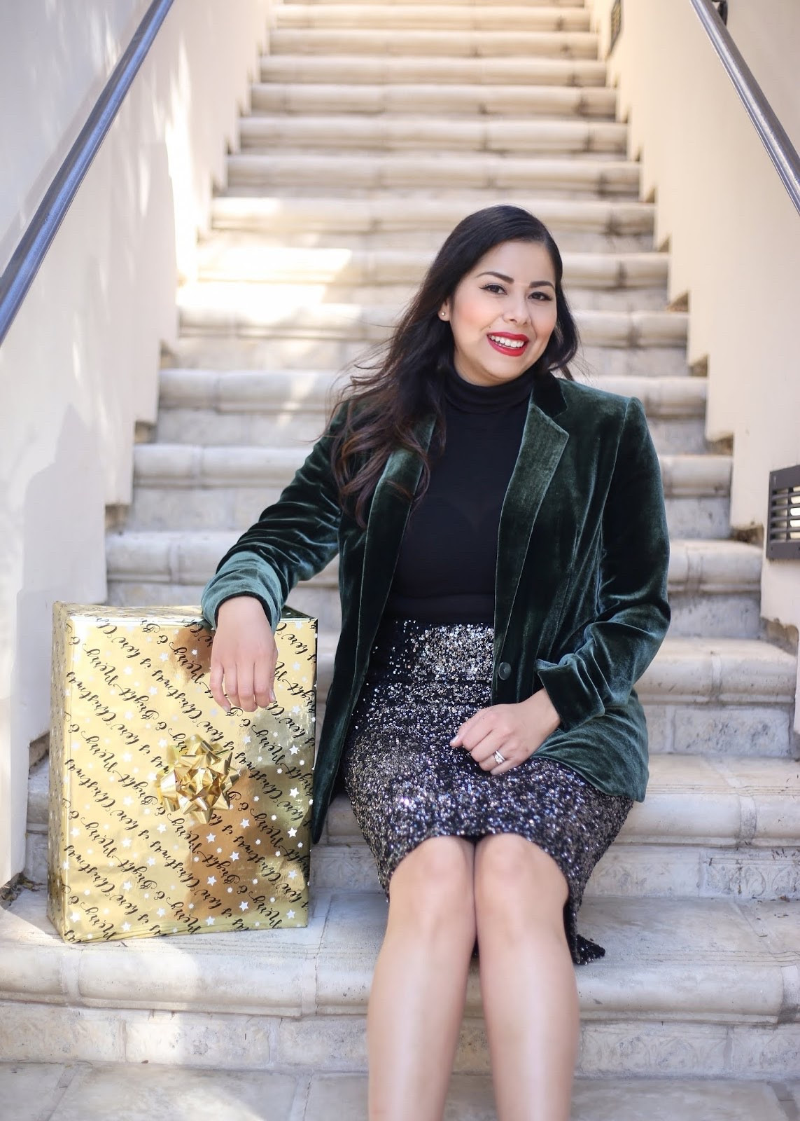 Holiday Outfit with sequins skirt and green velvet blazerr

#LTKOver40 #LTKHoliday #LTKootd