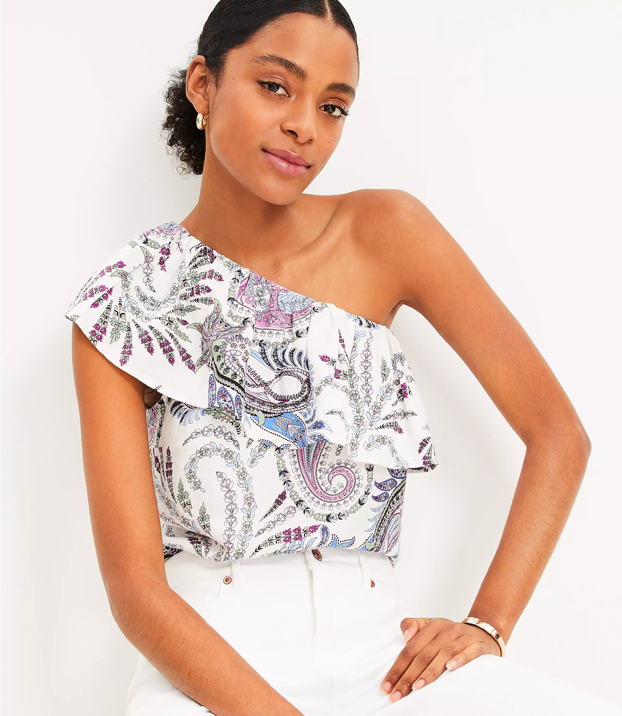 Paisley Linen Blend Ruffle One Shoulder Top | LOFT
