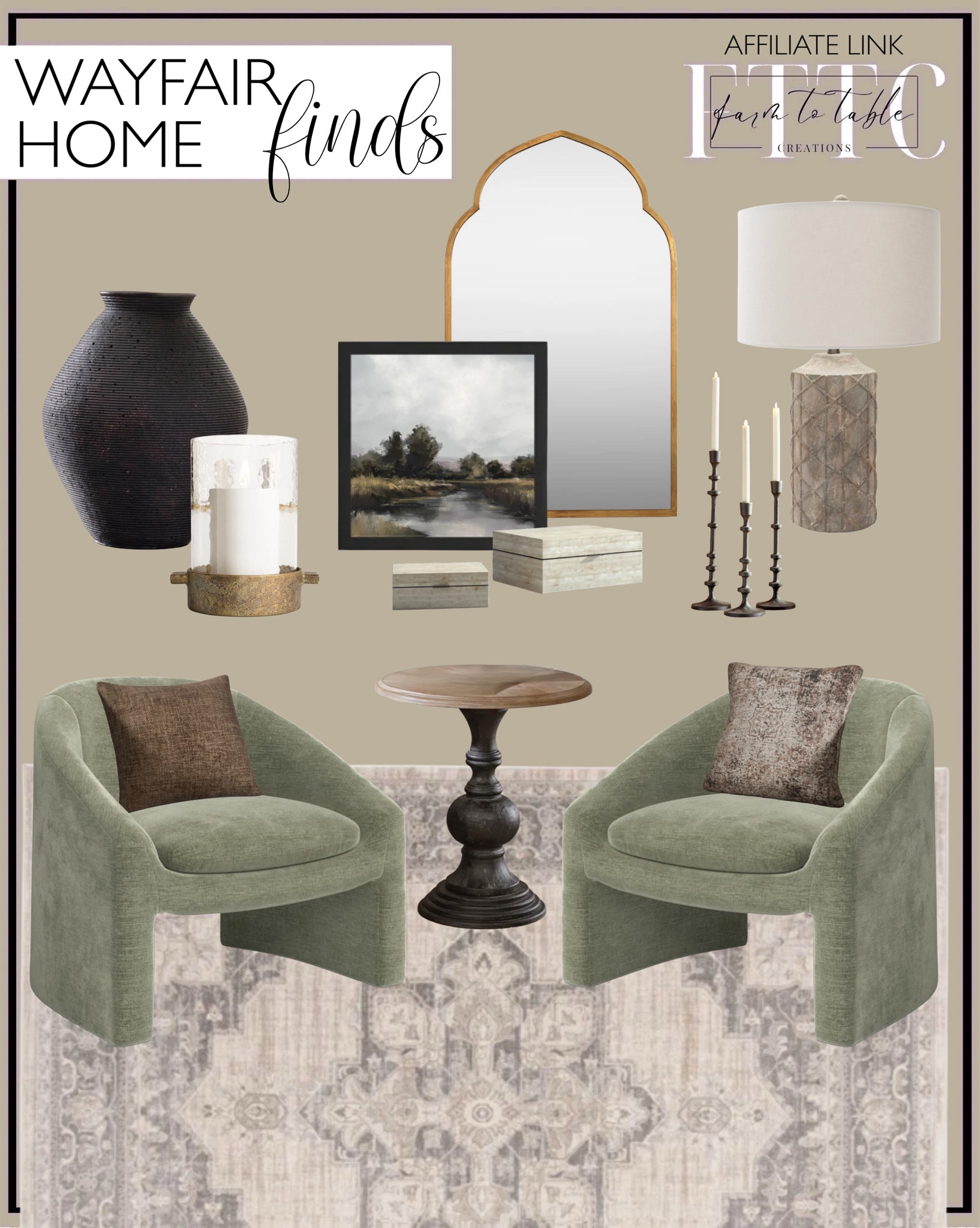 Wayfair Home Finds. Follow @farmtotablecreations on Instagram for more inspiration.

Steven Chenille Barrel Chair. Cardy Oriental Rug. Madeline Wood End Table. Woven Chenille Throw Pillow. Damask Pillow Cover. Resin Table Lamp. Black Table Vase. Aluminum Hurricane. Taper Candleholders. River Print. Metal Flat Wall Mirror. Decorative Box Set. 

Wayfair Home. Wayfair Home Finds. Living Room Furniture. Living Room Decor. Budget Friendly Decor. 

#LTKHome #LTKFindsUnder50 #LTKSaleAlert