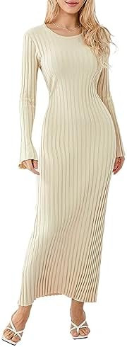 Women Ribbed Knit Long Sleeve Maxi Dress Slim Fit Solid Color Bodycon Pencil Long Dress Casual Fa... | Amazon (US)