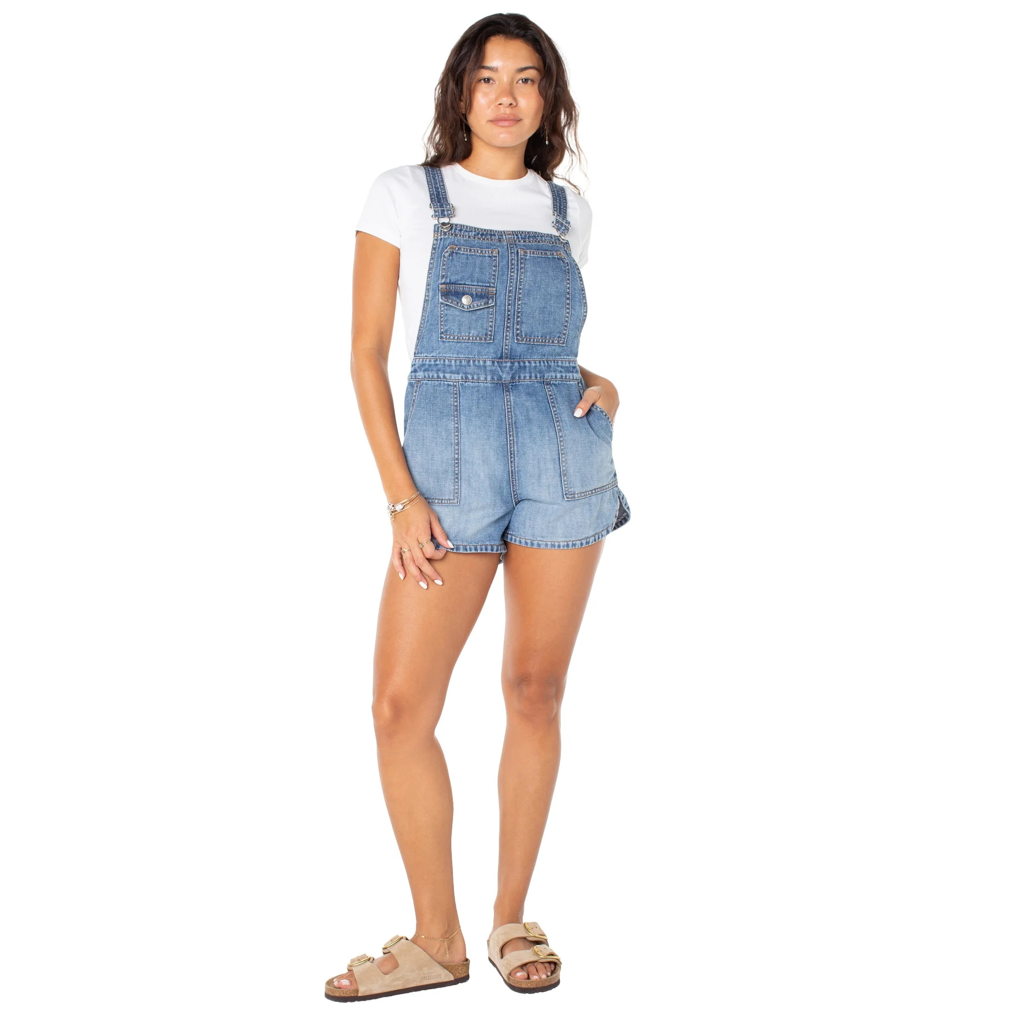 Celebrity Pink Women's Drapey Denim Dolphin Hem Shortalls, Sizes XS-XXXL - Walmart.com | Walmart (US)