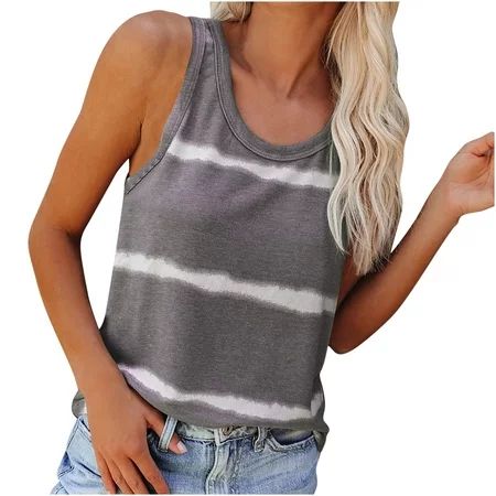 Sleeveless Shirts for Women Cute Casual Loose Print Crew Neck Sleeveless T-Shirt Blouse Striped Gray | Walmart (US)