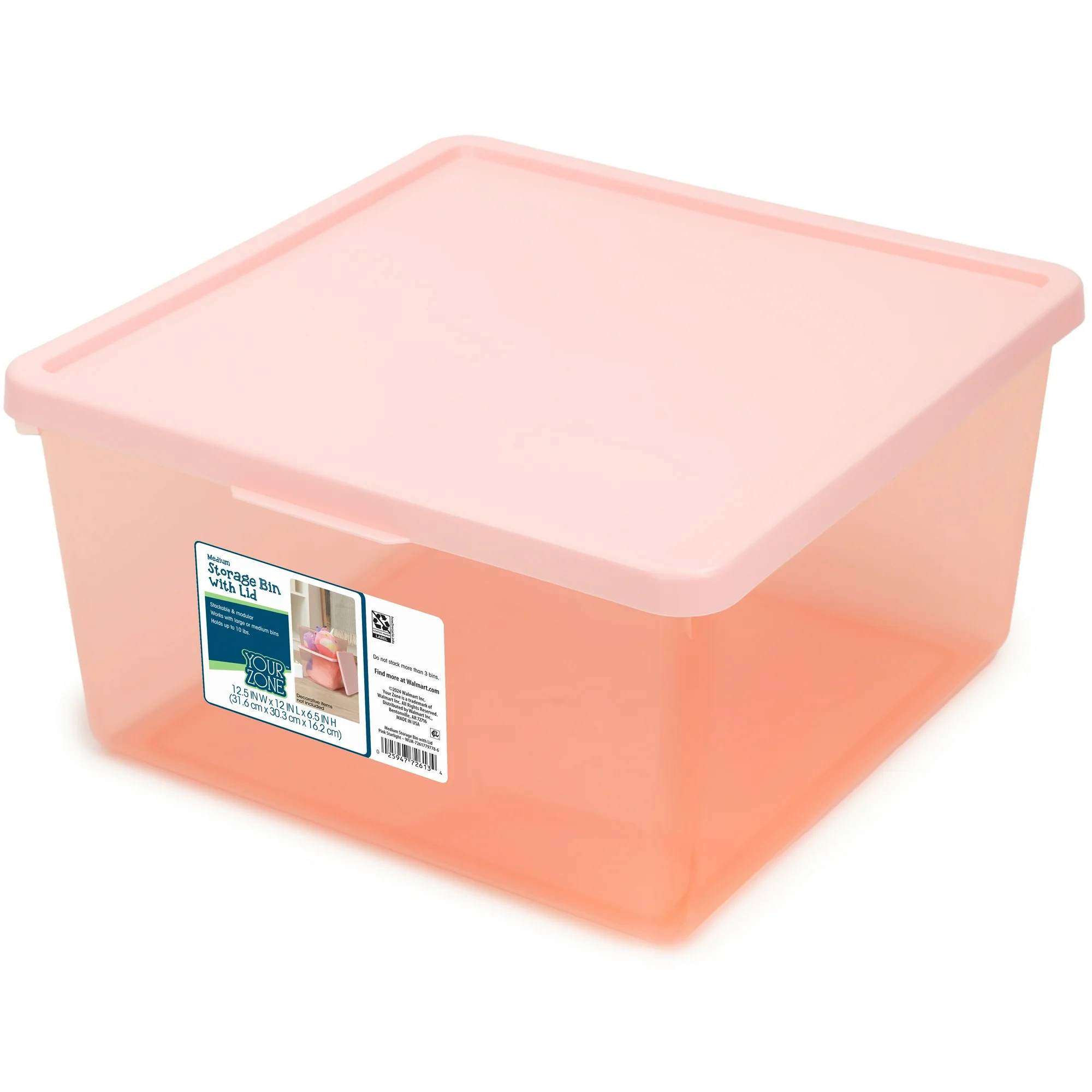 Your Zone Medium Tinted Clear Plastic Stacking Storage Bin with Lid, Pink, Kids and Teens | Walmart (US)