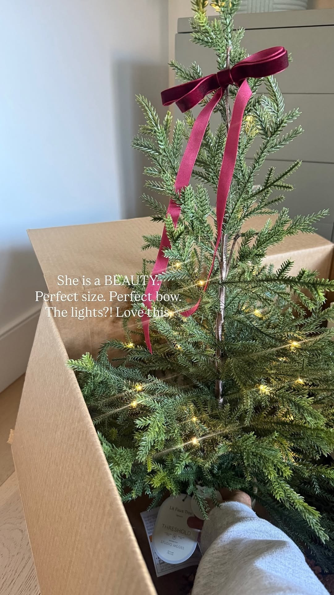 This is the CUTEST little Christmas tree! I love the lights and bow. Use it as is or throw her in a basket and you have the cutest tabletop Christmas tree! 

 #LTKSeasonal #LTKHome