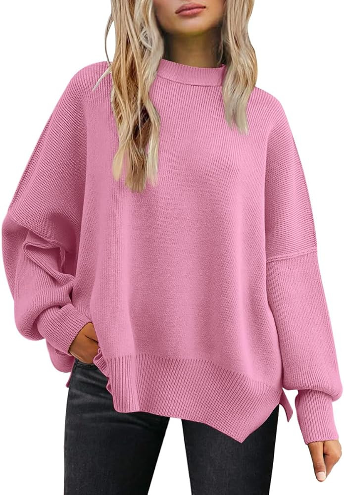LILLUSORY Women's Oversized Batwing Sweaters 2024 Fall Outfits Crewneck Ribbed Knit Side Slit Tre... | Amazon (US)