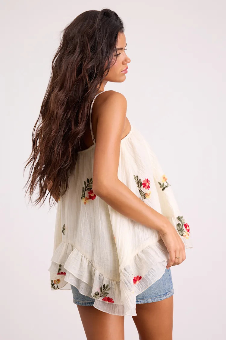 River Cream Floral Embroidered Ruffled Tank Top | Lulus