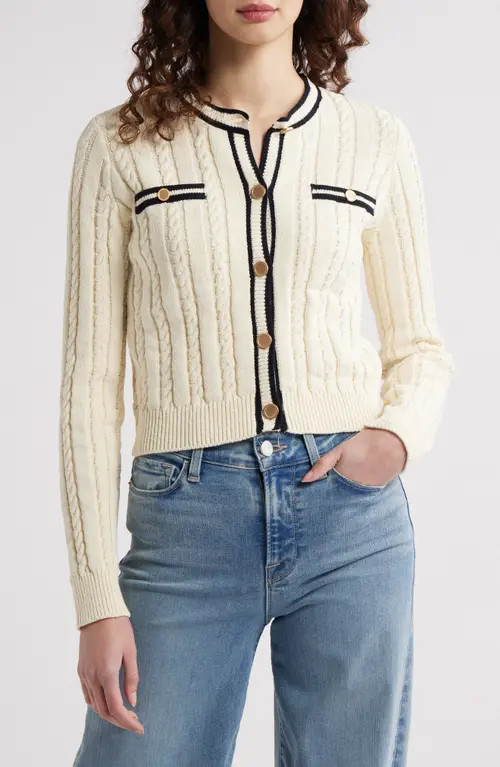FRAME The Trimmed Cable Stitch Cardigan in Cream Multi at Nordstrom, Size Small | Nordstrom