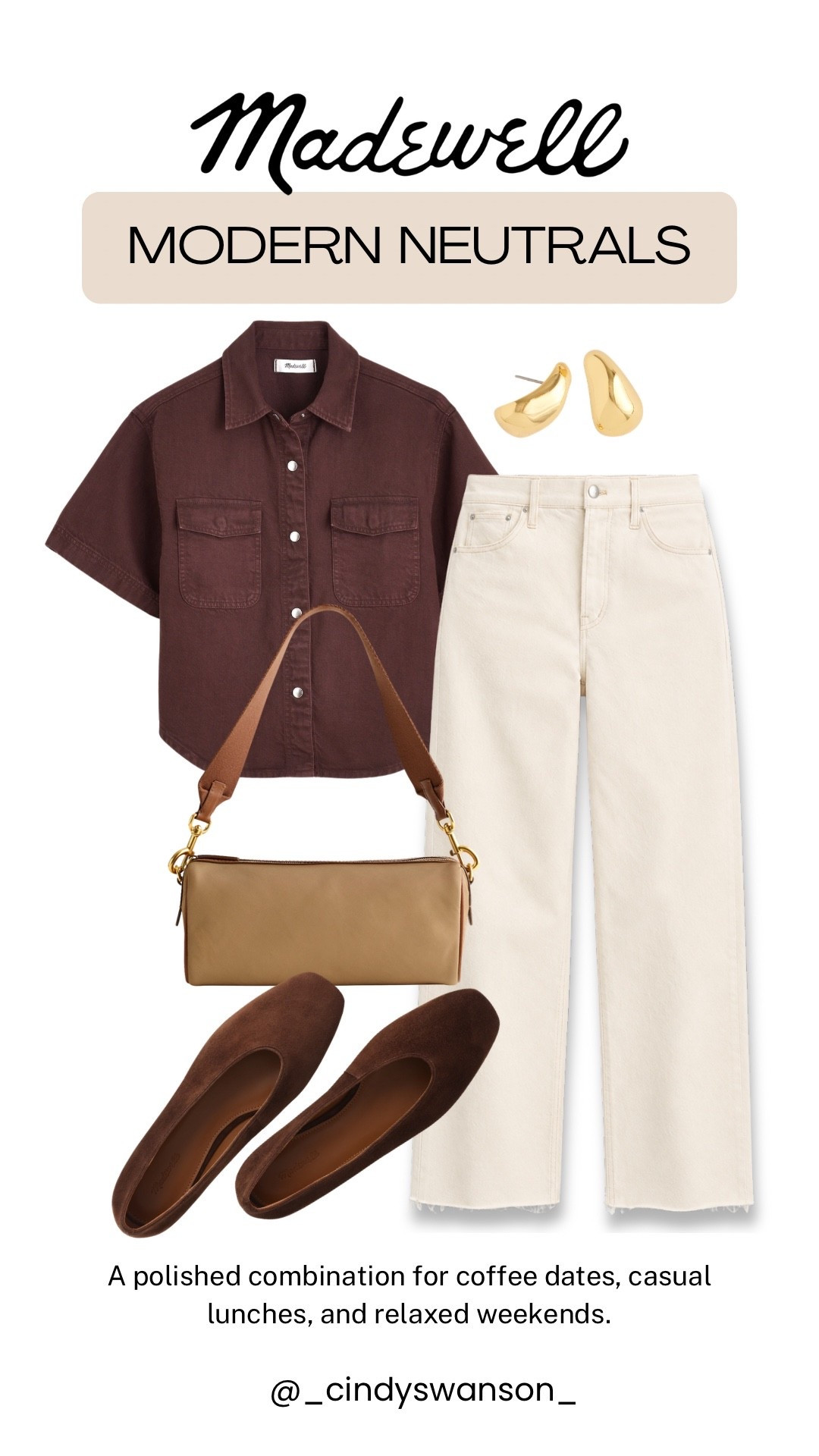 I love this easy mix of chocolate brown and cream. The Madewell utility shirt and wide-leg jeans feel polished but relaxed, while the brown suede loafers, simple crossbody, and gold earrings add warmth without overcomplicating the look.

#LTKOver40 #LTKootd #LTKActive