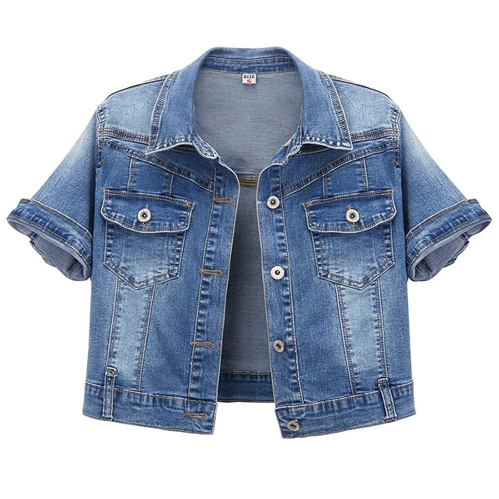 Omoone Women's Summer Short Sleeve Crop Denim Trucker Jacket Jean Coat Tops | Amazon (US)