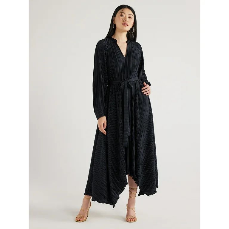 Scoop Women’s Pleated Handkerchief Hem Dress with Long Sleeves, Sizes XS-XXL - Walmart.com | Walmart (US)