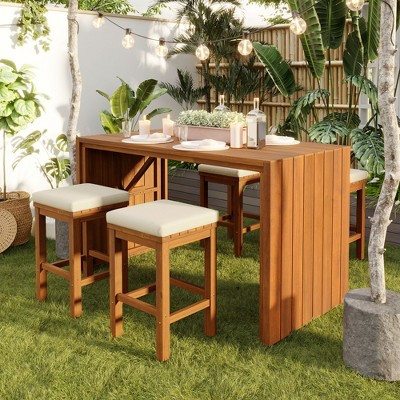 5-Piece Outdoor Bar Set, Natural Acacia Wood Patio Bar Table with 4 Cushioned Stools for Backyard, Deck or Poolside-Panipeachy | Target