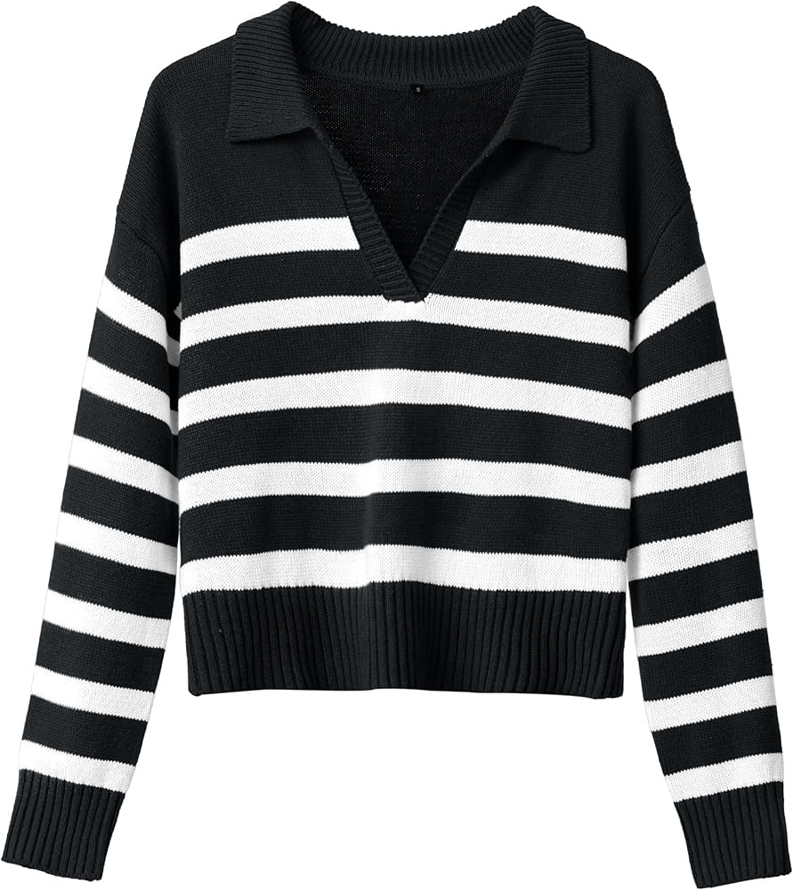Womens Fall Striped Sweaters Polo V Neck Pullover Long Sleeve Shirts Knit Jumper Tops for 2024 Wi... | Amazon (US)