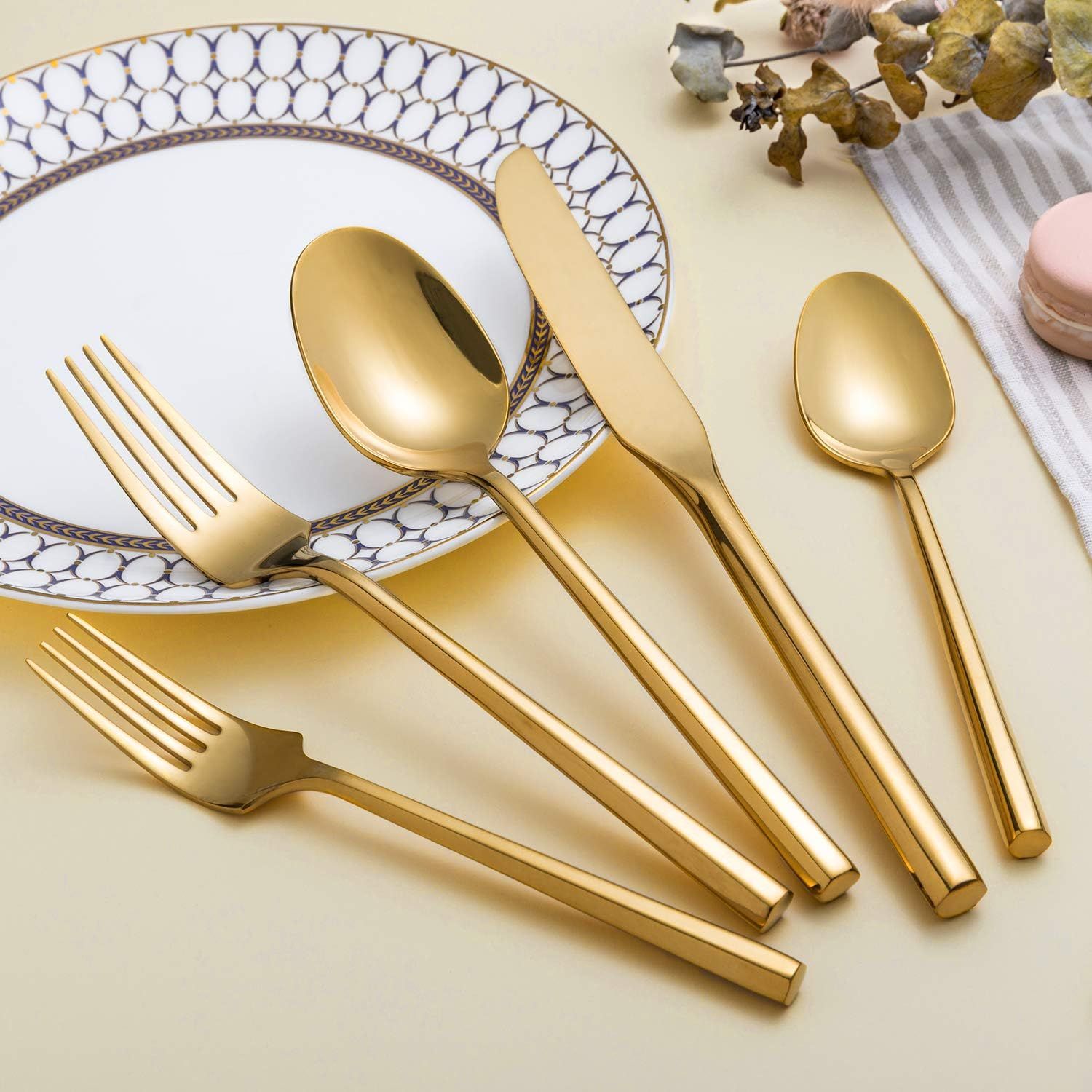 Kelenfer Flatware Cutlery Set Shiny Gold with Hexagon Handle Forged Stainless Steel For Home Hote... | Amazon (US)