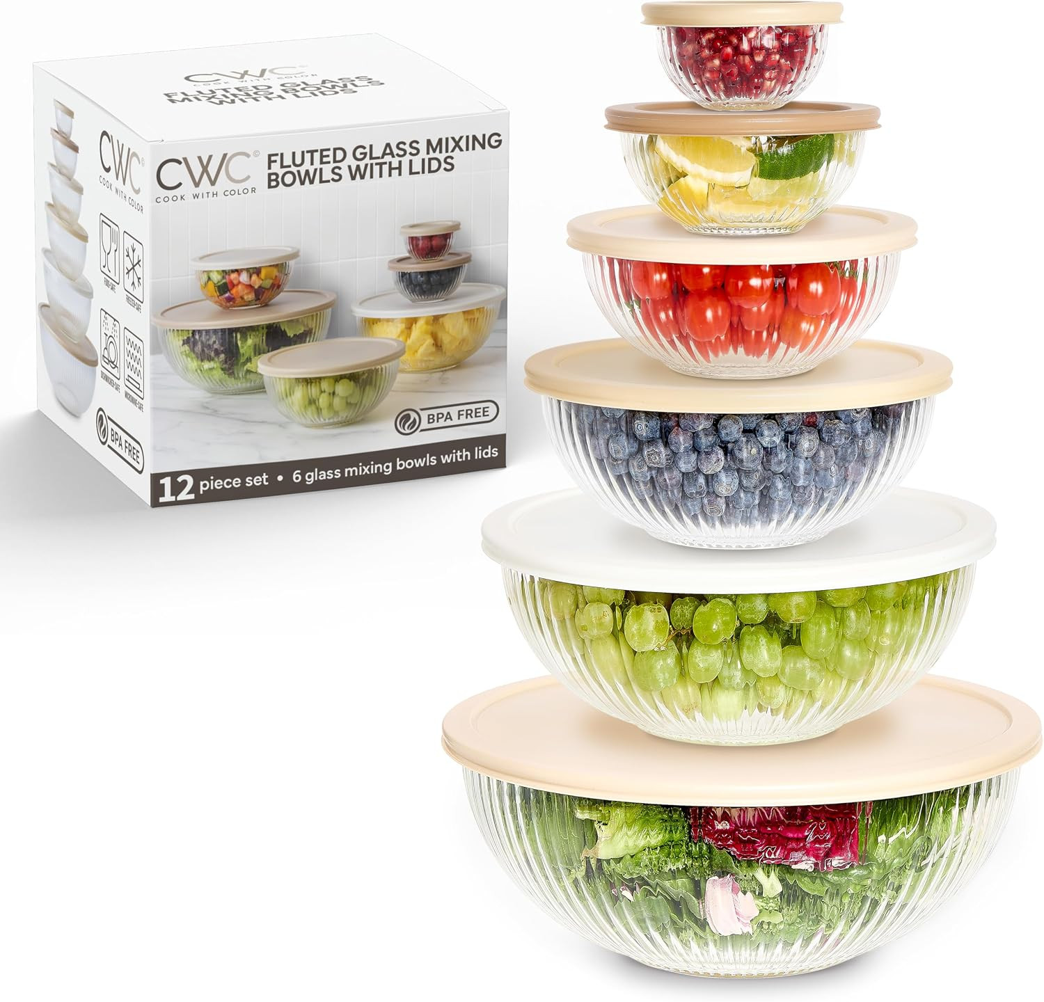 COOK WITH COLOR 12 Pc Glass Mixing Bowl Set with Lids – Borosilicate Glass Nesting Bowls for Cooking, Baking and Meal Prep, Fluted Brown | Amazon (US)