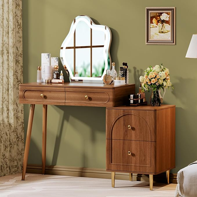 Chrangmay Walnut Stylish Corner Makeup Vanity Table，Vanity Desk with Lighted Mirror and 4 Spaci... | Amazon (US)