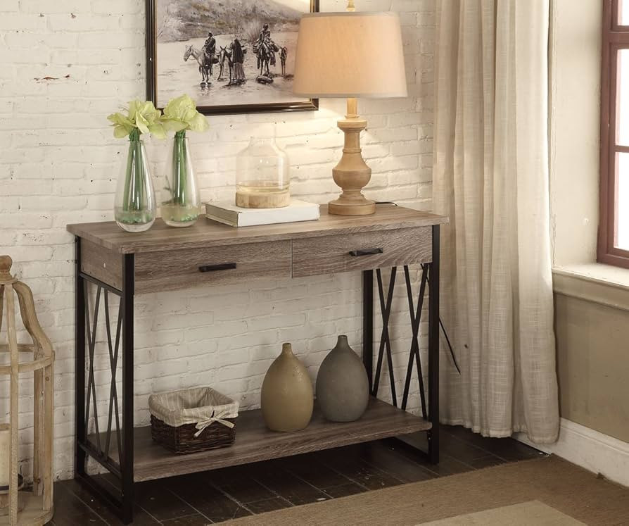 Weathered Grey Reclaimed Look Console Sofa Table X-Design with Two Drawers/Shelf | Amazon (US)