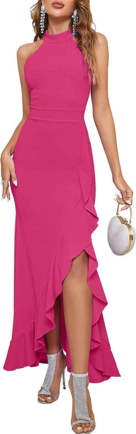 MEROKEETY Women's Halter Neck Split Elegant Cocktail Long Dress Bodycon Mermaid for Evening Party | Amazon (US)