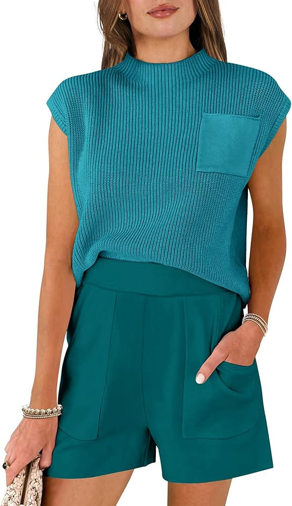 Caracilia 2 Piece Lounge Sets for Women 2024 Summer Short Sleeve Sweaters and Shorts Matching Set... | Amazon (US)