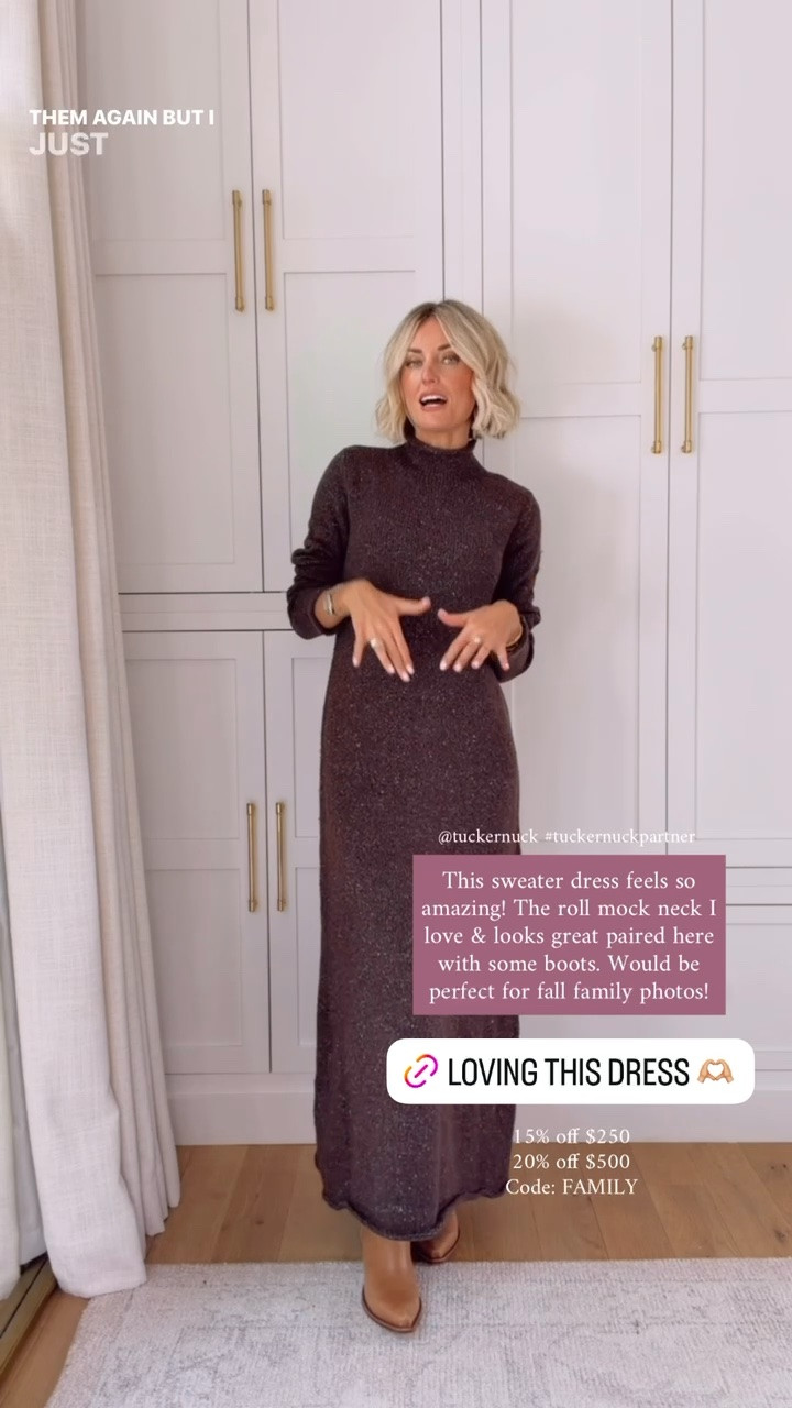 I love a good sweater dress, and the roll neck on this is so chic and elevated! This shade of speckled brown is so perfect for fall and love how it looks paired with boots! Wearing S. Get 15% off $250+ and 20% off $500+ at @Tuckernuck with code FAMILY 
#tuckernuckpartner

#LTKootd #LTKSeasonal #LTKSaleAlert
