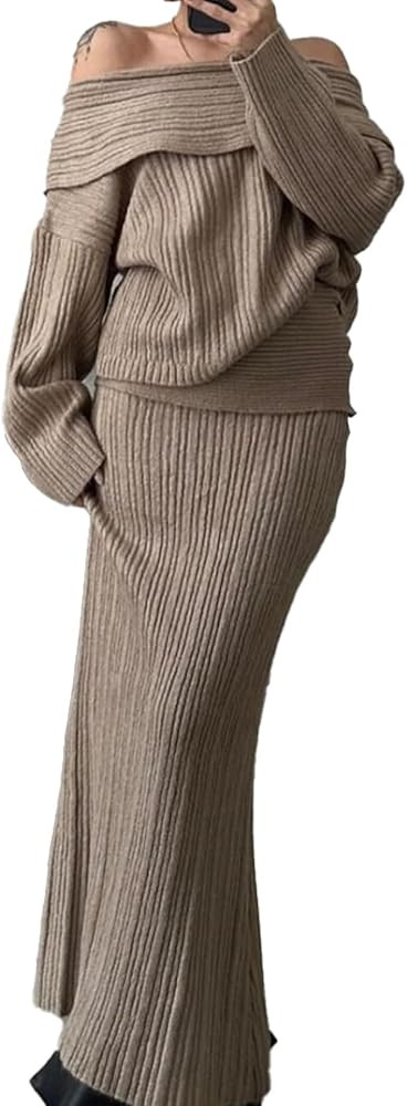 Unybwonn Skirt Sets Women 2 Piece Outfits off the Shoulder Sweater and Knitted Skinny Maxi Skirts... | Amazon (US)