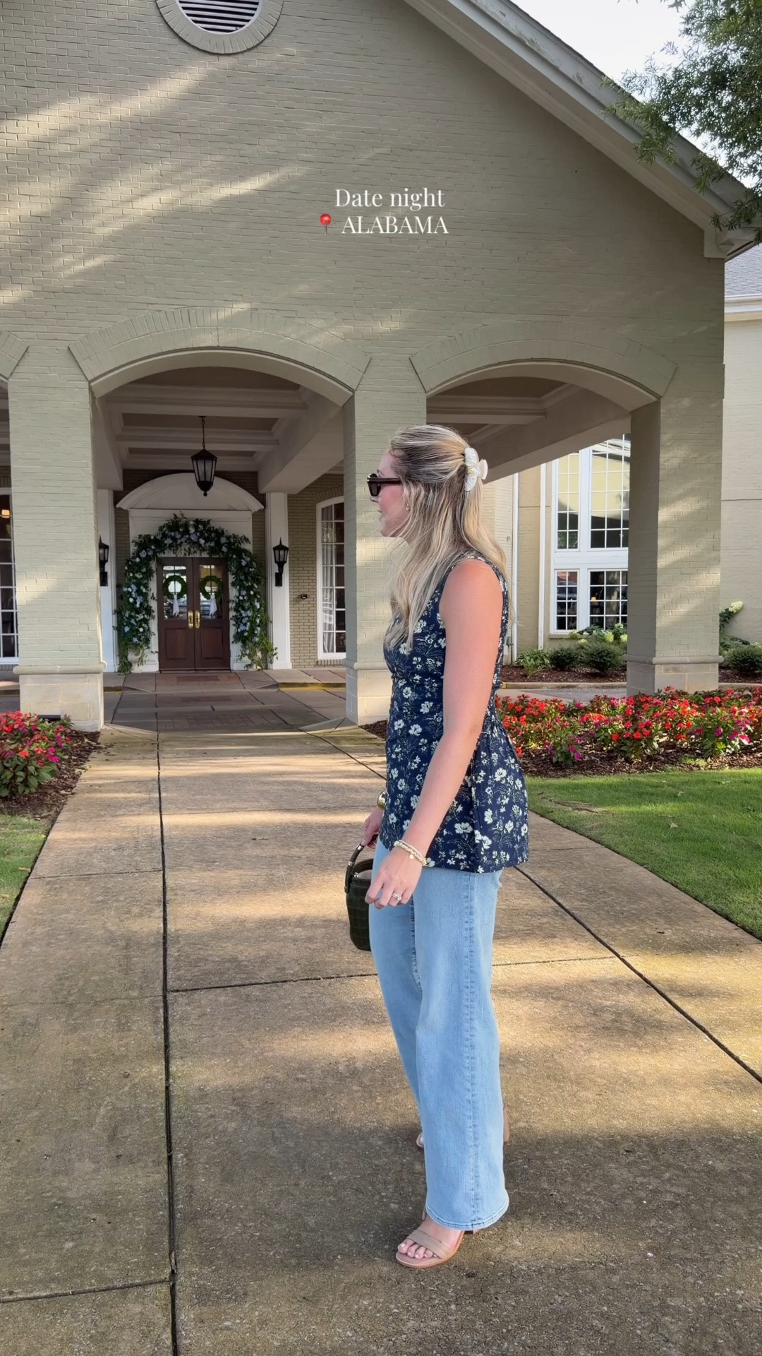 Jeans run true (in size 28) Top runs small. I’m in size M and it’s snug!! Date night outfit ideas causal but cute! Here’s what I’m wearing on a hot Alabama day for dinner and drinks out with hubby and friends