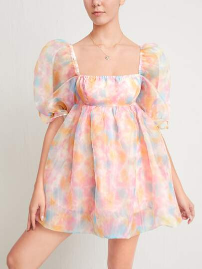 SHEIN Tie Dye Puff Sleeve Square Neck Organza Dress | SHEIN