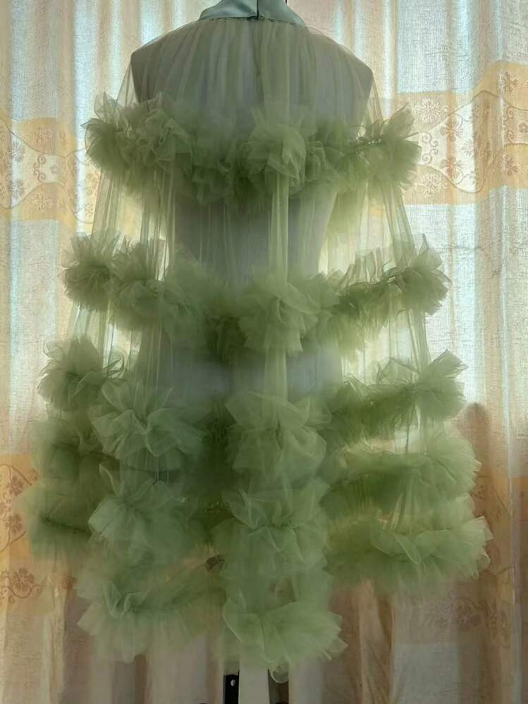 Bride Aristocratic Versatile Layered Mesh Patchwork A-Line Cape Style Frill Trim Dress With Detachable Shawl | SHEIN