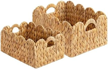 LUSYDECO Set of 2 Scalloped Edge Wicker Storage Basket with Built-in Handles, Rectangle Water Hya... | Amazon (US)