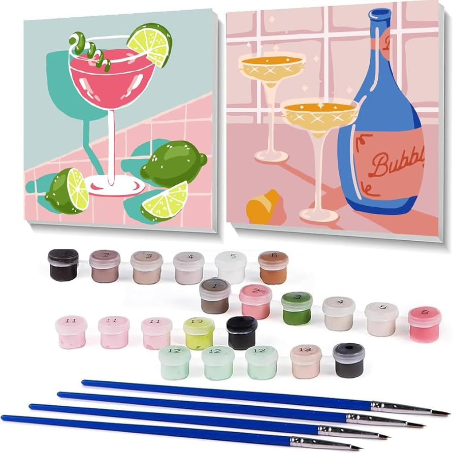2 Pack Framed Retro DIY Paint by Numbers Kit for Adults Beginner,Vintage Cocktail Easy Paint by Number with Canvas,Acrylic Paint Kit Arts and Crafts for Adults for Decor 8x8inch | Amazon (US)