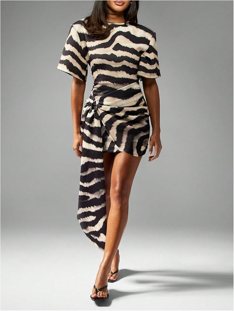 Milumia Women's Zebra Striped Short Sleeve Mini Dress Ring Linked Ruched Bodycon Dresses | Amazon (US)