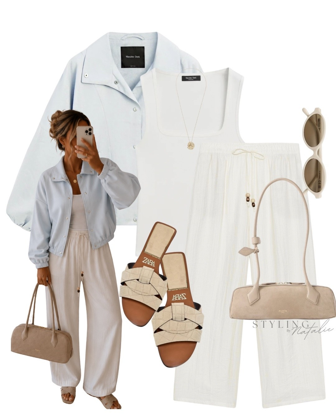 Blue lightweight bomber jacket, drawstring trousers, flat sandals, tank top and suede Alaia bag, Zara, Massimo Dutti, linen trousers, pull on pants, everyday style, spring outfit, light layering, soft tones.

#LTKuk #LTKspring #LTKeurope
