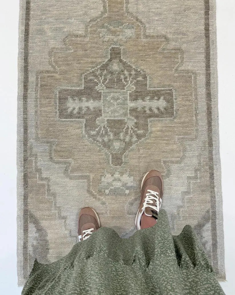 Hand Knotted Wool Small Rug Neutral Beige Grey Oushak Runner Vintage Medallion Rug Kitchen | Etsy (Global)