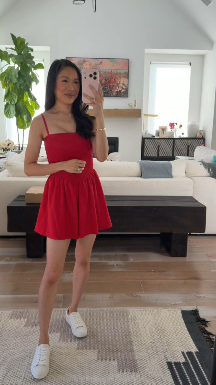 Athletic red mini dress that has built in shorts that have the pull down feature which I love! Wearing size XS but probably could have sized up. Smocked top that is tight so be aware!

#LTKootd
