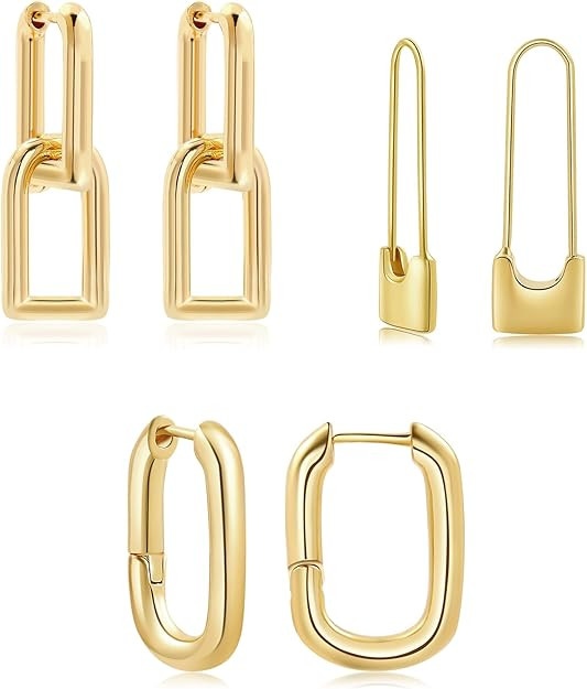 SLOONG 3 Pairs 14k Gold Plated Ball U Shape Pin Y2K Style Chunky Earring Link Chain Chunky Circle... | Amazon (US)