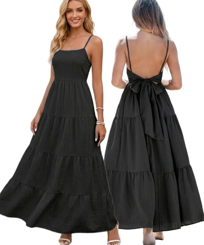 SKAYS Women's Maxi Summer Casual Dress Bohemian Style Bowknot Backless Thin Strap Beach Dress | Amazon (US)