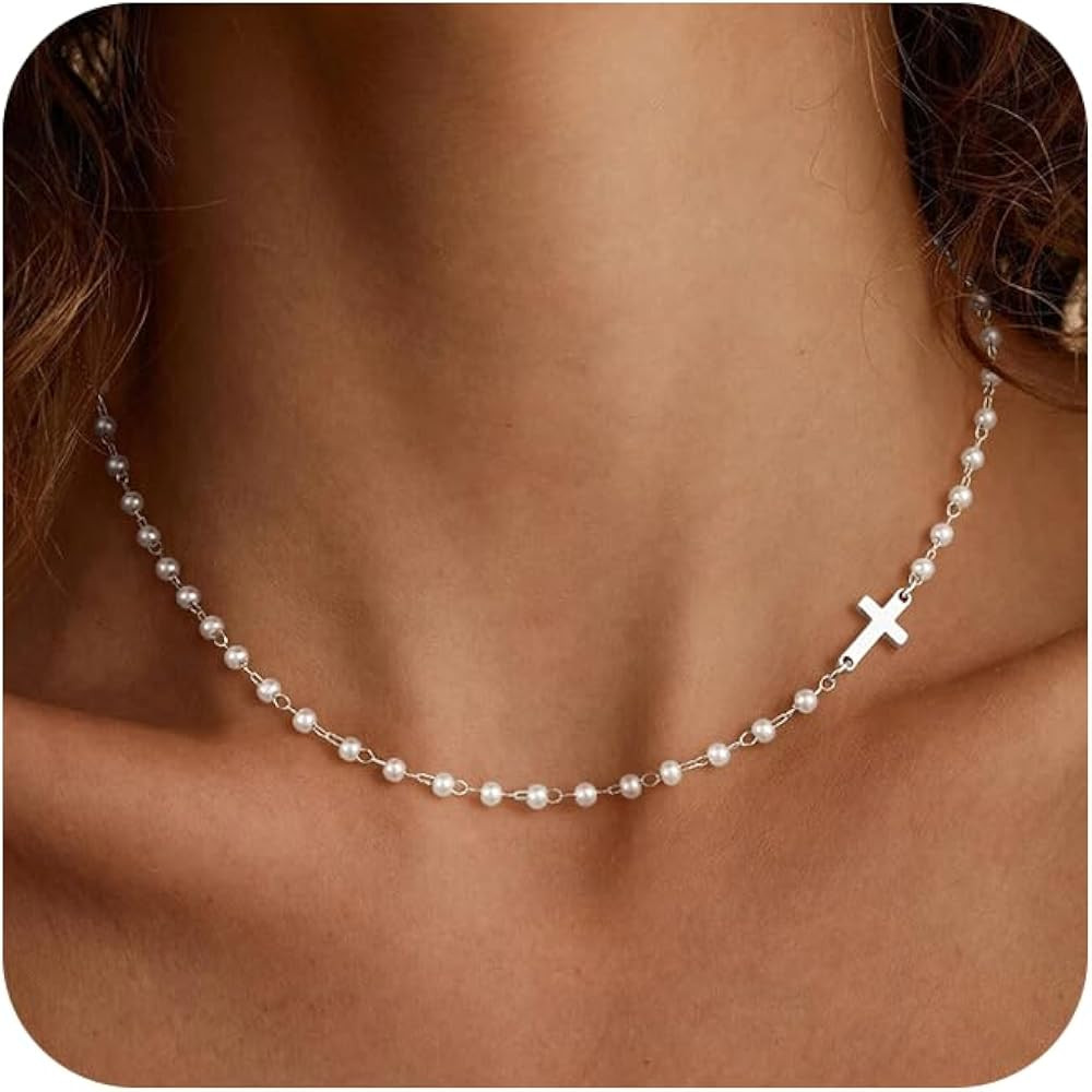 Pearl Necklaces for Women Trendy, Dainty 14K Gold Silver Plated Cross Pendant Pearl Choker Neckla... | Amazon (US)