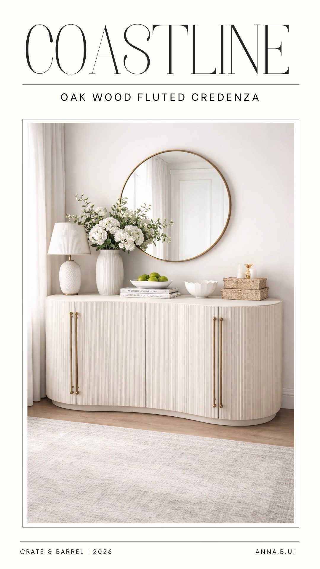 A dreamy statement piece! 🤍 The Coastline 72” Oak Wood Fluted Credenza by Brigette Romanek is such a stunning blend of art and function. The soft cream-neutral oak finish paired with those beautiful undulating curves and rhythmic fluting feels elevated yet timeless. 🫶🏻 Finished with burnished brass pulls, it offers generous hidden storage behind double doors while still making a sculptural impact. Perfect as an entryway anchor, dining buffet, or even a media piece—this is one of those designs that instantly elevates any space! ✨ #Credenza #EntrywayInspo #DiningRoomDecor 

#LTKSaleAlert #LTKHome
