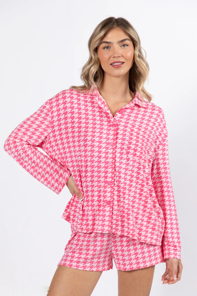 On A Cloud In Pink Houndstooth Pajama Set | Pink Lily